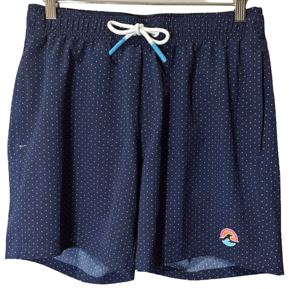 Broken Threads Navy Blue Polka Dot Mesh lined Swim Trunks Swimsuit Men’s Small